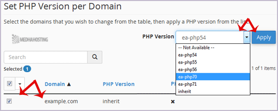 cpanel multiphp select domain full