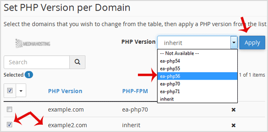 cpanel multiphp select second domain