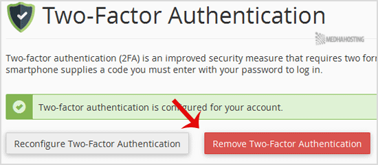 cpanel two factor authentication disable