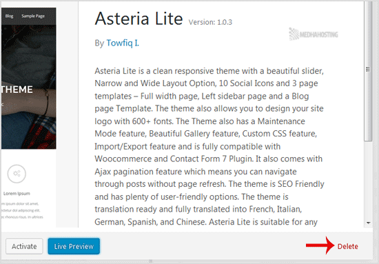 wp themes upload theme delete option